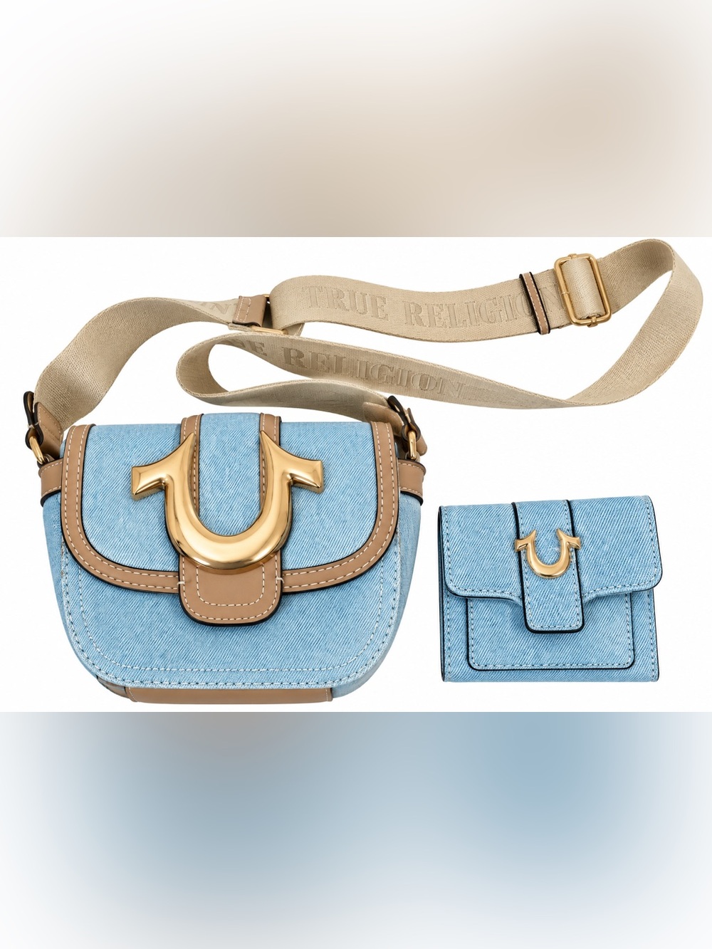 True Religion Denim Crossbody Purse & Matching Wallet Blue Tan Gold Horseshoe